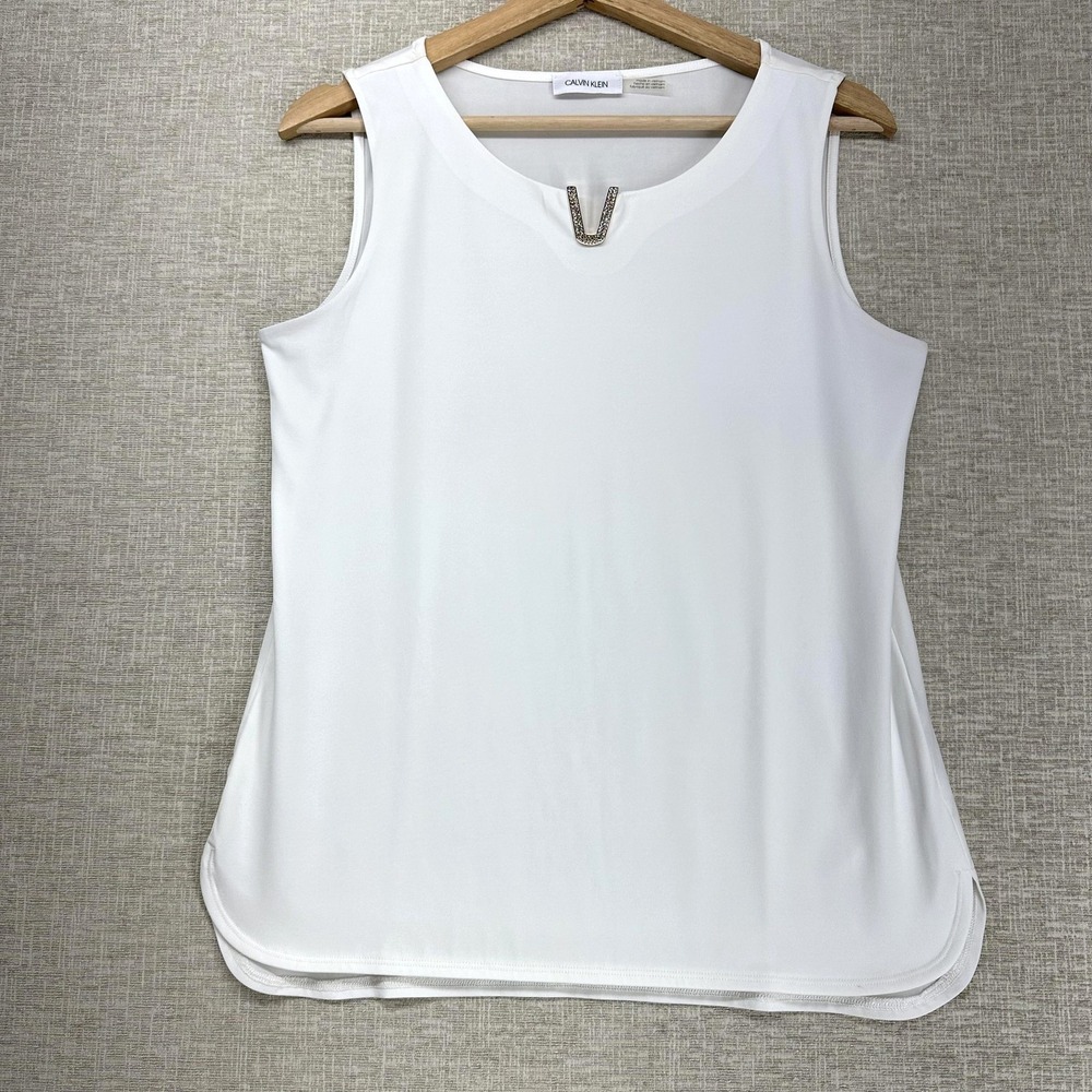 Calvin Klein Tank Top Womens Medium Off White Rhinestone Scoop Neck Stretch